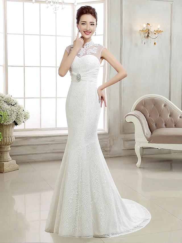 Luolandi Wedding Dresses High Neck Lace Cap Sleeve Sexy Illusion Detail Backless with Beading